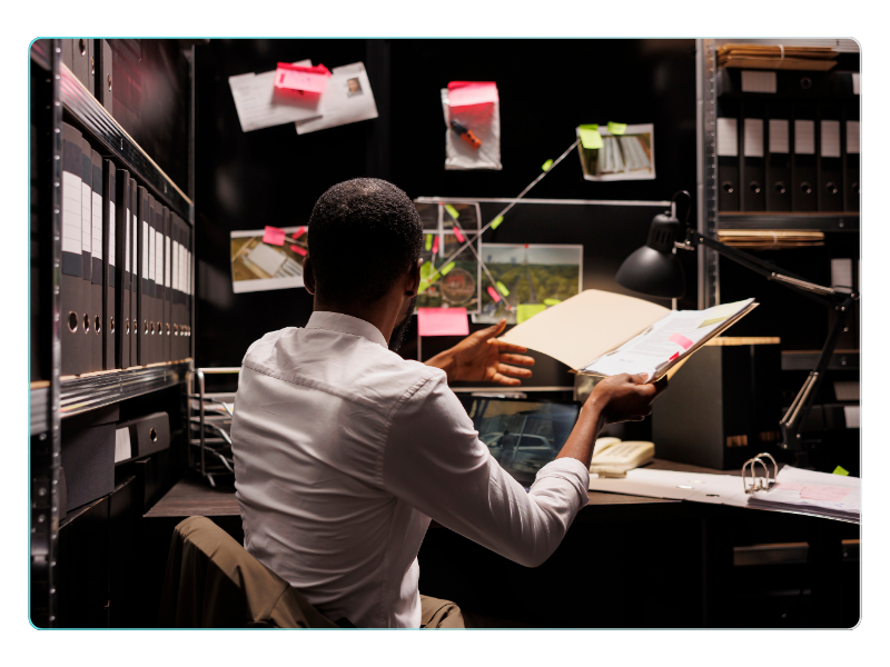 Police investigator reviewing case files and evidence